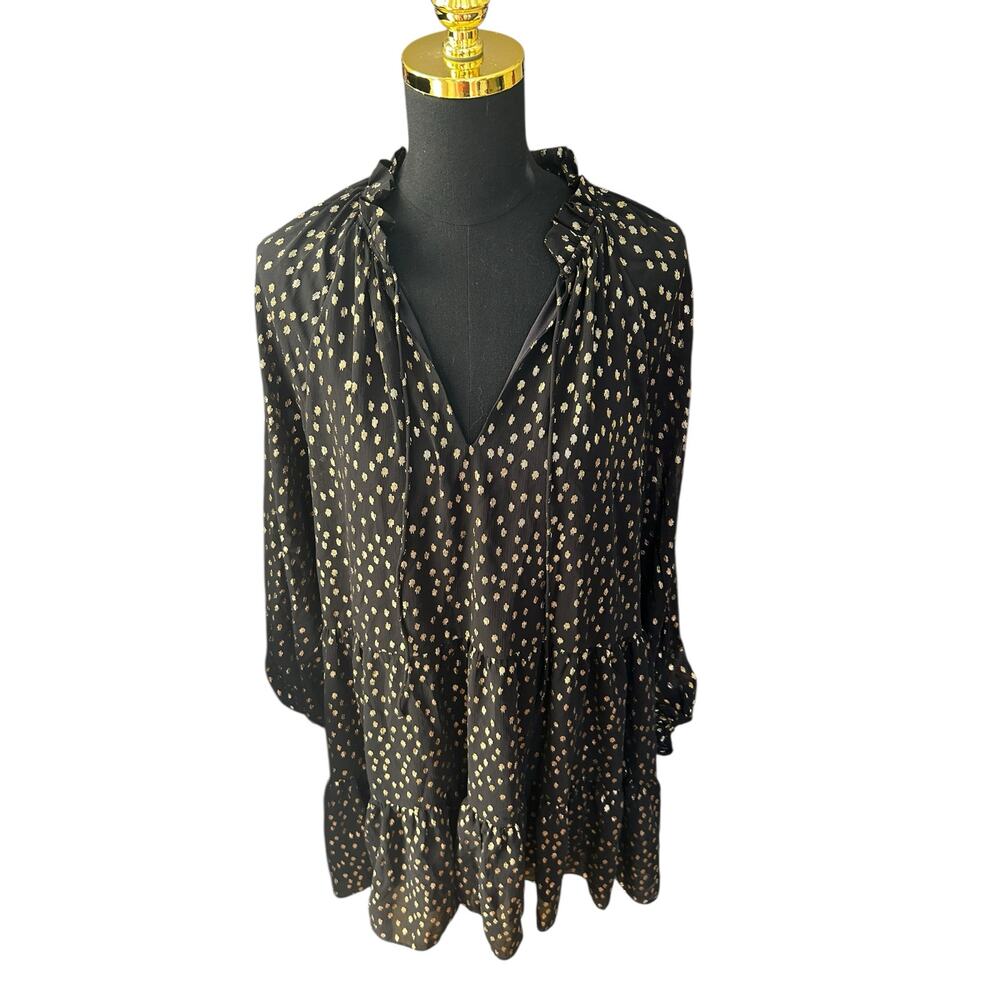 NWT H&M Black Gold Metallic Dot Ruffle Hem Dress, Size 12